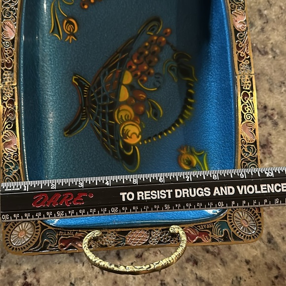 Vintage BRASS ENAMELED FOOTED Tray - Picture 9 of 11